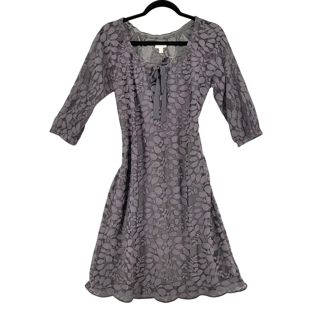Garnet Hill Women 4 Boheme Easy Lace Shift Dress Gray 3/4 Sleeve Scallop Hem